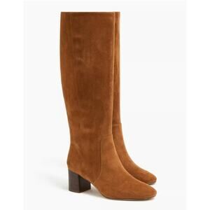J. Crew Knee-High Heeled Tall Boots Warm Brandy Textile Upper 7 NWOB Faux Suede